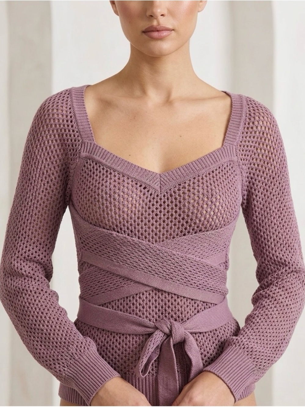 MAJORELLE Revolve Belle Mauve Open Knit Sweetheart Wrap tie Sweater - Small